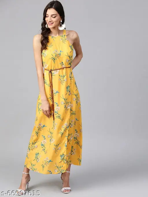 Zima Leto Women's Yellow Floral Strappy Incut Maxi Dress With Belt