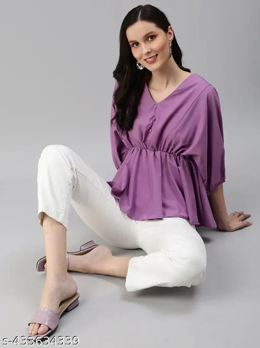 SHOWOFF Women's Solid V-Neck Purple Peplum Top