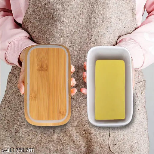 Ceramic Butter Dish with Wooden Lid, Large Butter Container Keeper Storage Plate with Steal Butter Knife, Bamboo Cover and Silicone Sealing Ring for West East Coast Butter, White, 1 piece