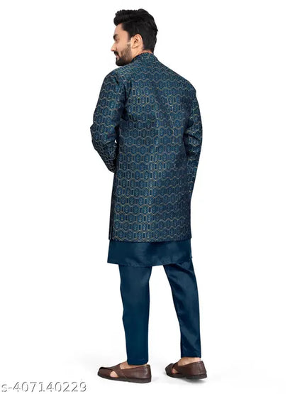 Zarak Fashion Mens Kurta Pyjama With Long Jacket Peacock Blue