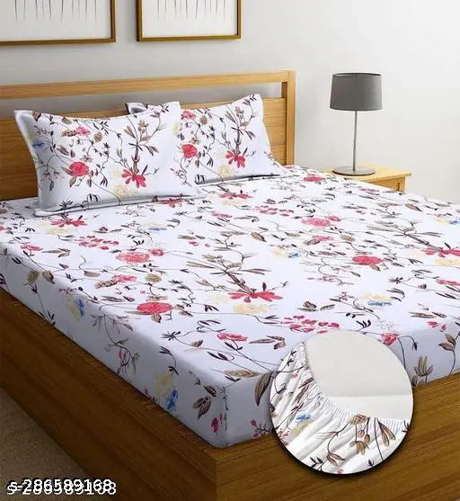 """"Comfort Lifestyle 250 Soft Cotton King Size Elastic Fitted""""Double Bed Sheet""""With Two Pillow Covers- All Around 360 Elasticated Floral Sheet- 72 X 78 X 10 Inches Drop, Color Multi""""