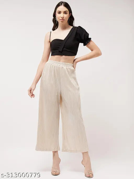 Zima Leto Women's One-shoulderCrop Top With Shimmer Pleated Pants Set