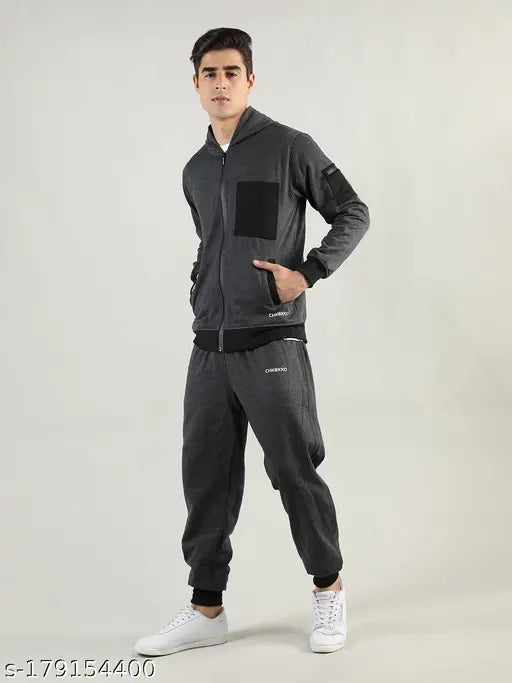 Chkokko Men's Solid Hood Grey Melange Tracksuits