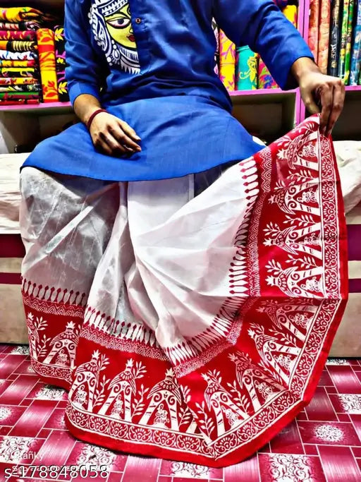 Printed White Red Combination Mayur Puchha Dhoti