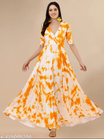 Yellow Pure Rayon Tie-Die Print Gown