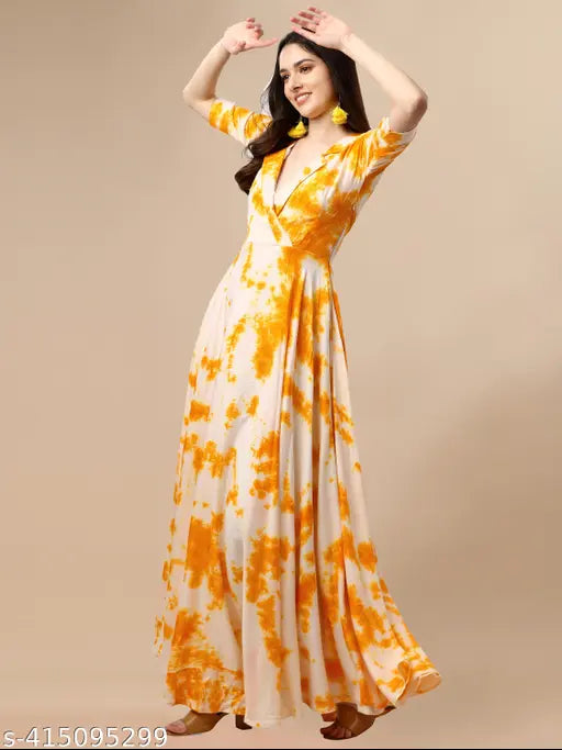 Yellow Pure Rayon Tie-Die Print Gown