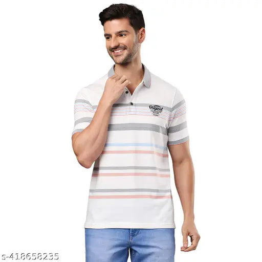 Mufti Men's Horizontal Stripes Regular Polo White Tshirts