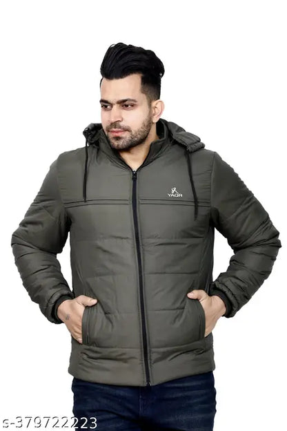 YAQR Men's Solid Olive Color Jackets Men Quilted Jackets Men's Hooded Jacket's