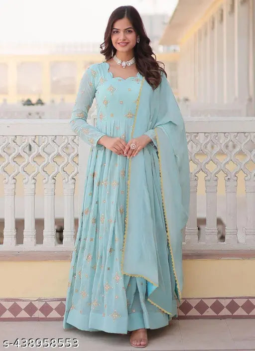 Women Embroidery Georgette Anarkali Gown With Dupatta