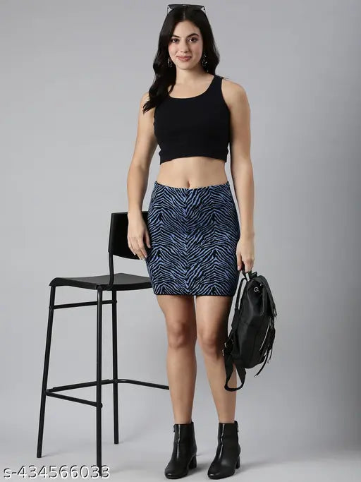 SHOWOFF Women's Abstract Blue Pencil Above Knee Skirt