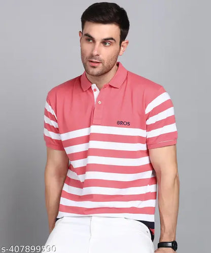 3BROS Striped Polo Neck Short Sleeves Cotton Blend Pink Stylish Fashionable & Comfortable Trendy Graphic Mens T-shirts