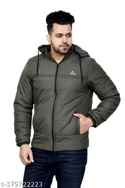 YAQR Men's Solid Olive Color Jackets Men Quilted Jackets Men's Hooded Jacket's