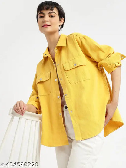 SHOWOFF Women's Mustard Solid Spread Collar Loose Fit Long Shirt