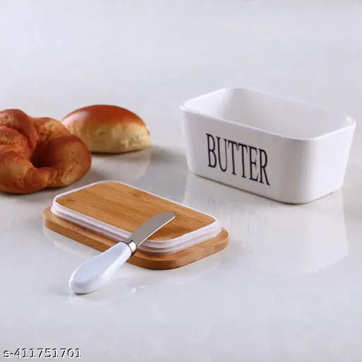 Ceramic Butter Dish with Wooden Lid, Large Butter Container Keeper Storage Plate with Steal Butter Knife, Bamboo Cover and Silicone Sealing Ring for West East Coast Butter, White, 1 piece