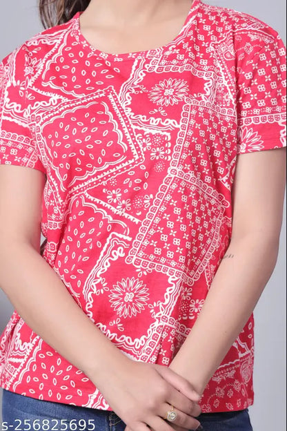 100% COTTON RED PATCH PRINTED T-SHIRT FOR WOMEN AND GIRLS