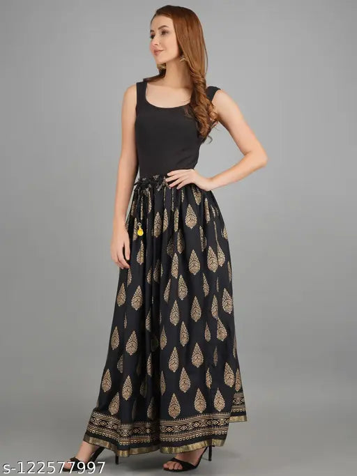 Womens rayon gold printed skirt, partywear skirt, rayon skirt, long skirt, daily use skirt, printed skirt, trendy skirt