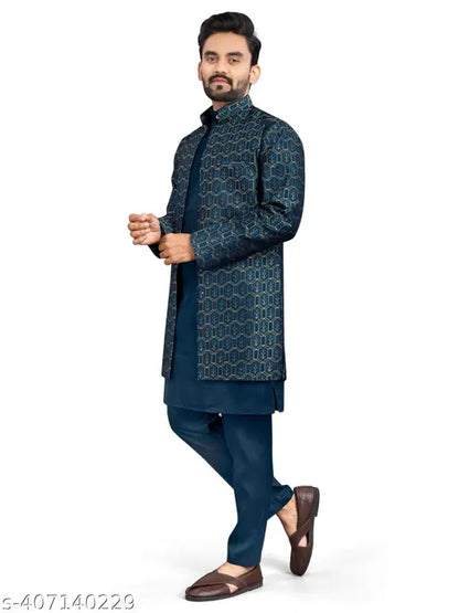 Zarak Fashion Mens Kurta Pyjama With Long Jacket Peacock Blue