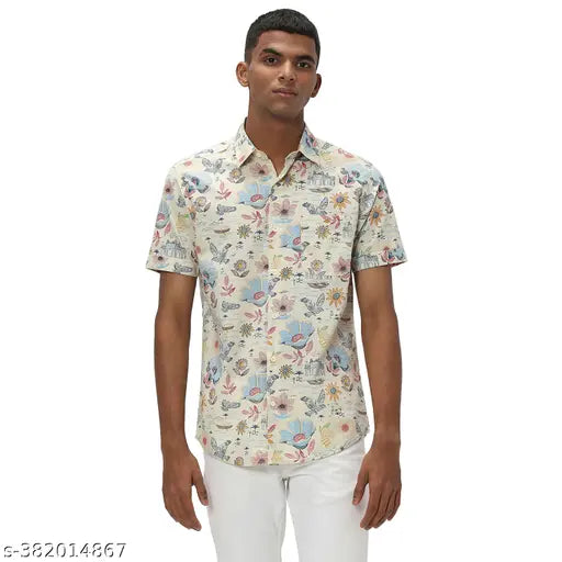 Mufti Men's Floral Slim Spread Collar White Shirts