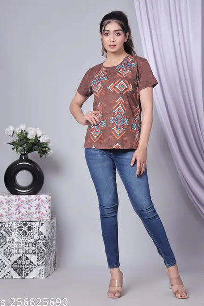 100% COTTON BROWN PRINTED T-SHIRT FOR WOMEN AND GIRLS