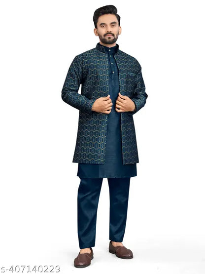 Zarak Fashion Mens Kurta Pyjama With Long Jacket Peacock Blue