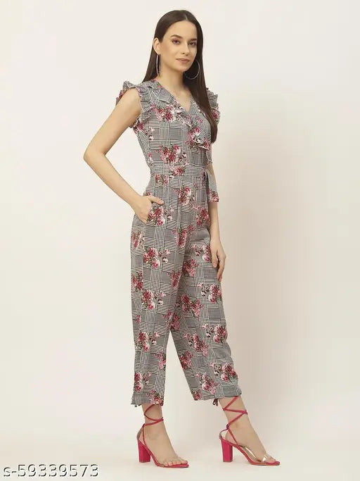 Slenor Women's Floral V-neck Grey Jumpsuits