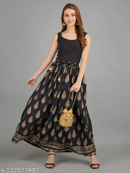 Womens rayon gold printed skirt, partywear skirt, rayon skirt, long skirt, daily use skirt, printed skirt, trendy skirt