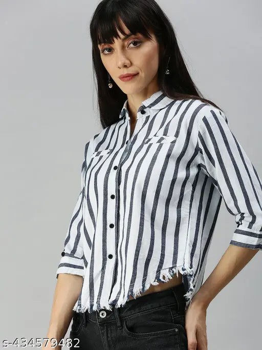 SHOWOFF Women's White Vertical Stripes Spread Collar Regular Fit Shirt