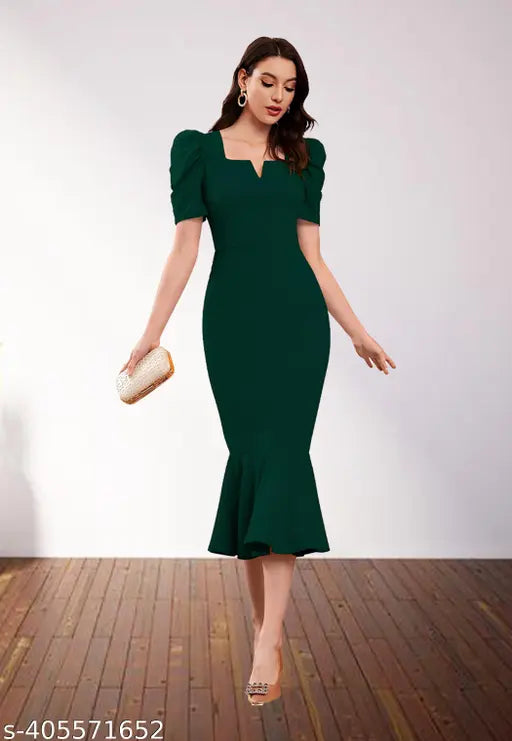 Women & Girl's Puff Sleeve Notch Neck Midi Bodycon Dress