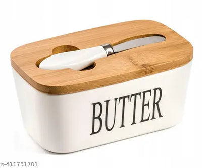 Ceramic Butter Dish with Wooden Lid, Large Butter Container Keeper Storage Plate with Steal Butter Knife, Bamboo Cover and Silicone Sealing Ring for West East Coast Butter, White, 1 piece