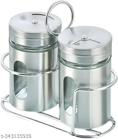 Spice Jar Stainless Steel & Glass With Holder Stand (Set of 2)