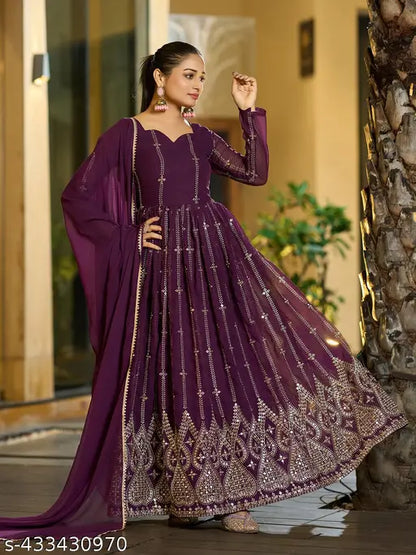 Women Embroidery Georgette Anarkali Gown With Dupatta