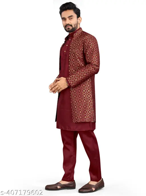 Zarak Fashion Men's Regular Full Sleeve Mandarin Collar Kurta Pajama with Sleeveless Jacket