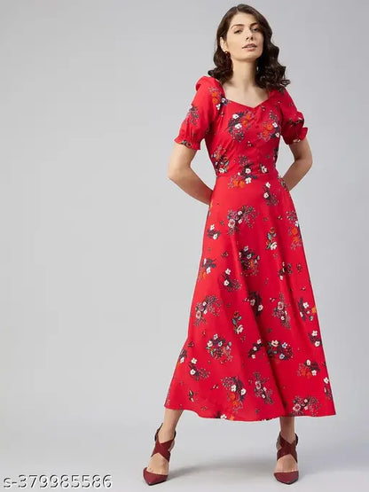 Rare Women Casual Red Colour Maxi Floral Dress