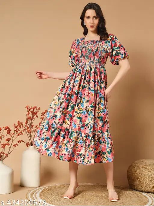 Vibrant Floral Ruffle Sleeve Midi Dress | Women's Summer Elegance | Effortless Style