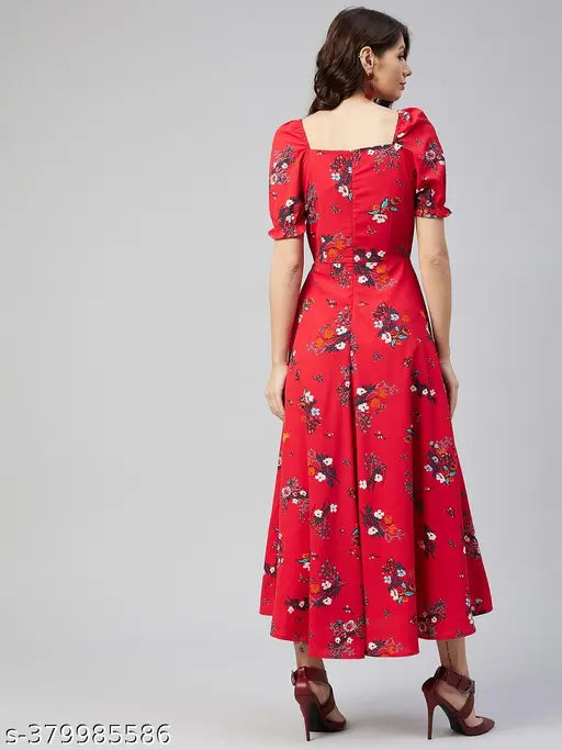 Rare Women Casual Red Colour Maxi Floral Dress