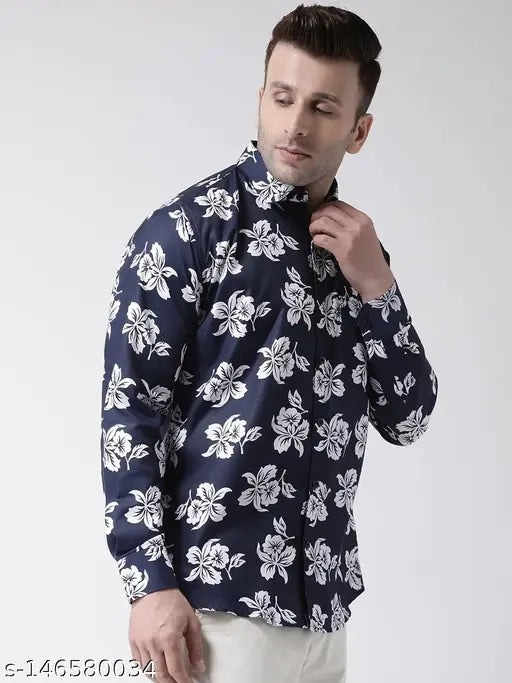 HANGUP Men's Floral Slim Spread Collar Navy Blue Shirts