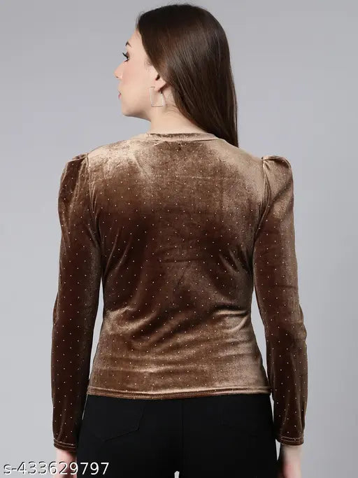 SHOWOFF Women's Solid V-Neck Brown Regular Top