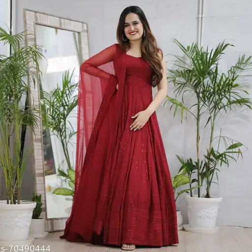 Rayon Red Designer Anarkali Gown With Lucknowi Chikankari Embroidery Work