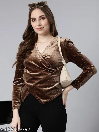 SHOWOFF Women's Solid V-Neck Brown Regular Top