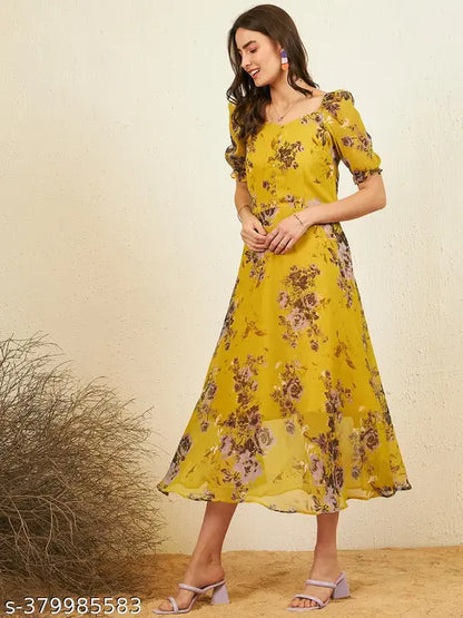 Rare Women Casual Yellow Colour Maxi Floral Dress