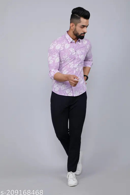 Angiya Men Lavender Slim Floral Print Pure Cotton Slim Casual Shirt