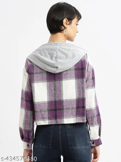 SHOWOFF Women's Purple Checked Hood Loose Fit Shirt