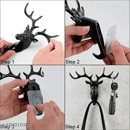 UNIQUEE Fashion Deer Head Antlers Self Adhesive Hook Keys Hat Holder Wall Door Hanger Size Medium (Black)