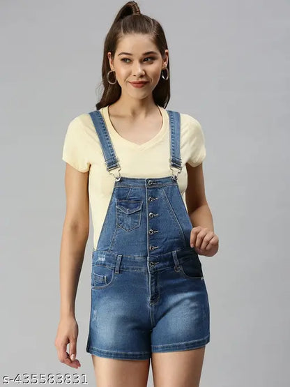 SHOWOFF Women's Solid Blue Denim Dungaree