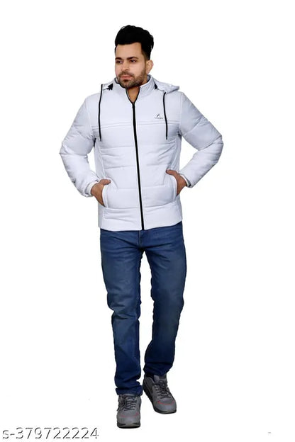 YAQR Men's Solid Olive Color Jackets Men Quilted Jackets Men's Hooded Jacket's White Safed