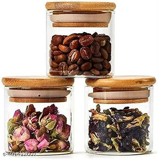 220 ML Airtight clear glass storage canister with wood lid food storage container jar with sealing bamboo lid for kitchen storage and multipurpose use, set of 3