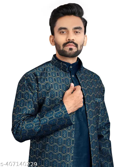 Zarak Fashion Mens Kurta Pyjama With Long Jacket Peacock Blue