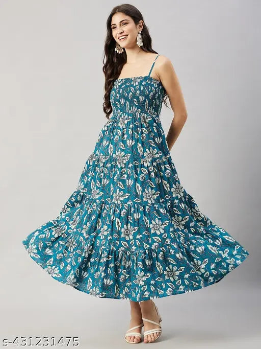 Women Floral Printed Tiered Blue Dress | Casual Flared Maxi Dress for Women |