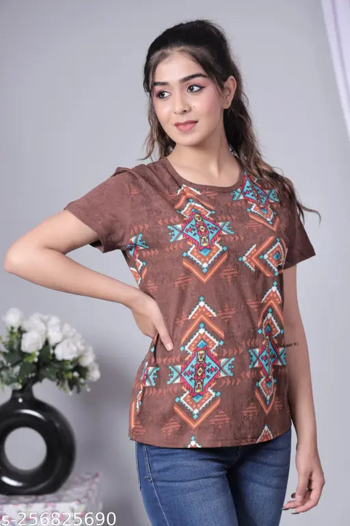 100% COTTON BROWN PRINTED T-SHIRT FOR WOMEN AND GIRLS