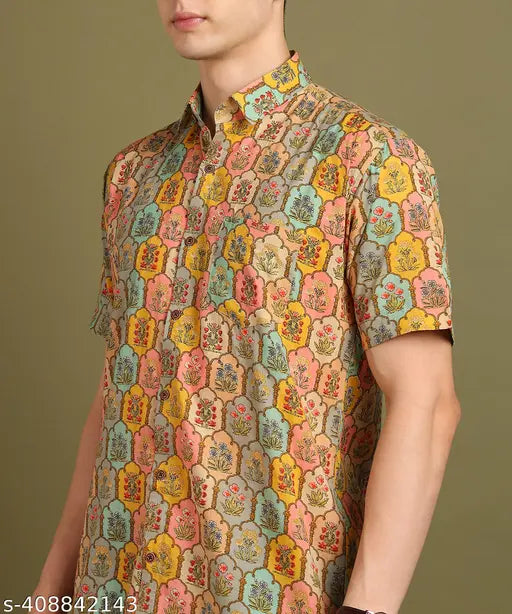 Xenor Men's Ethnic Motif Regular Spread Collar Multicolor Shirts